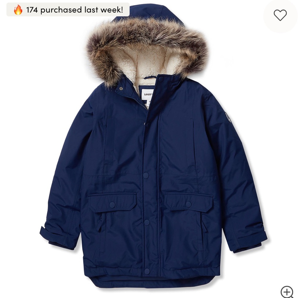Lands' End Navy Blue Coat with Faux Fur Trim